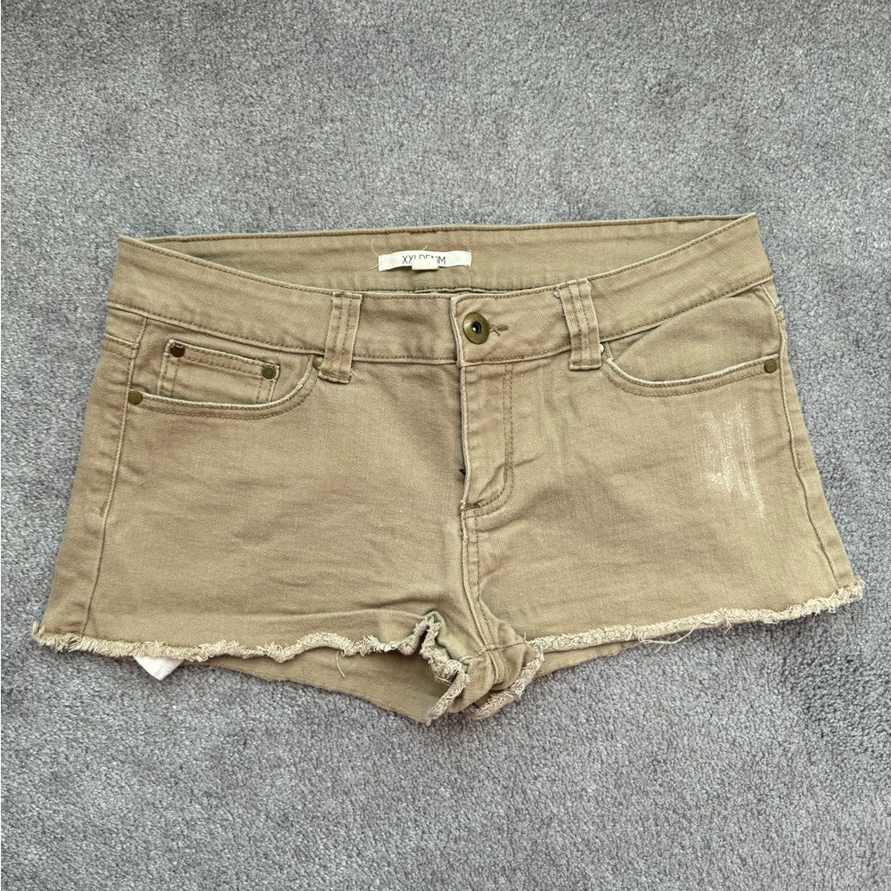 Beige Low Waist Shorts, Frayed